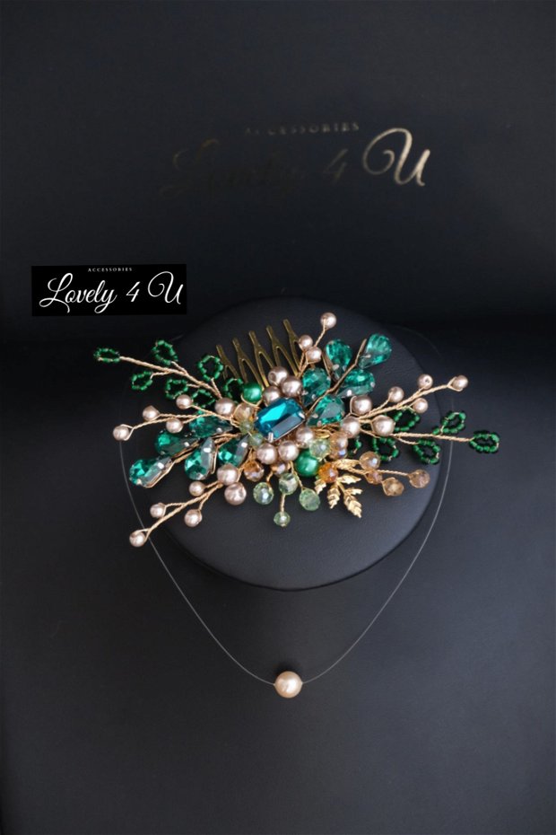 Accesoriu pentru par elegant - Green , Accesoriu cu perle și cristale