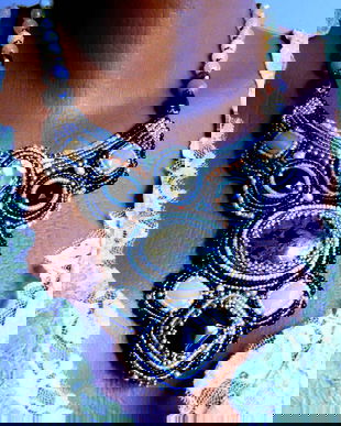 Colier statement , piesa de colectie, multe pietre si geme semipretioase, argint 925 aurit, sau placate, bijuterii antichizate recreate, podoabe pe viata