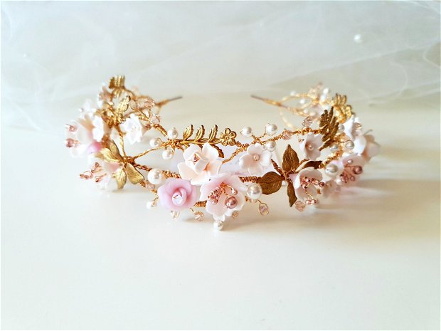 SOPHIE - Coronița mireasa placata cu aur cu flori roz pastel și perle swarovsky