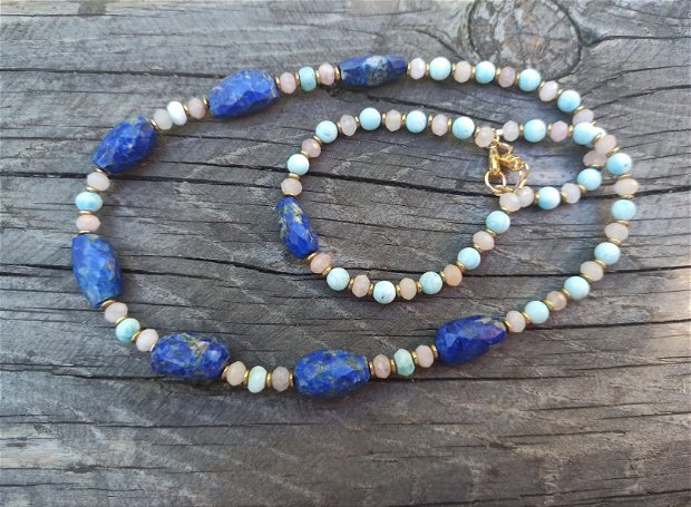 Set de bijuterii  compus din colier și bratara cu lapis lazuli, larimar si morganit