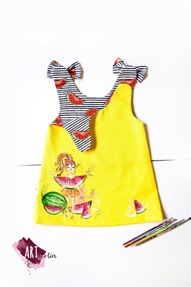 Sarafan copii, pictat manual, culoare galben cu pepene rosu