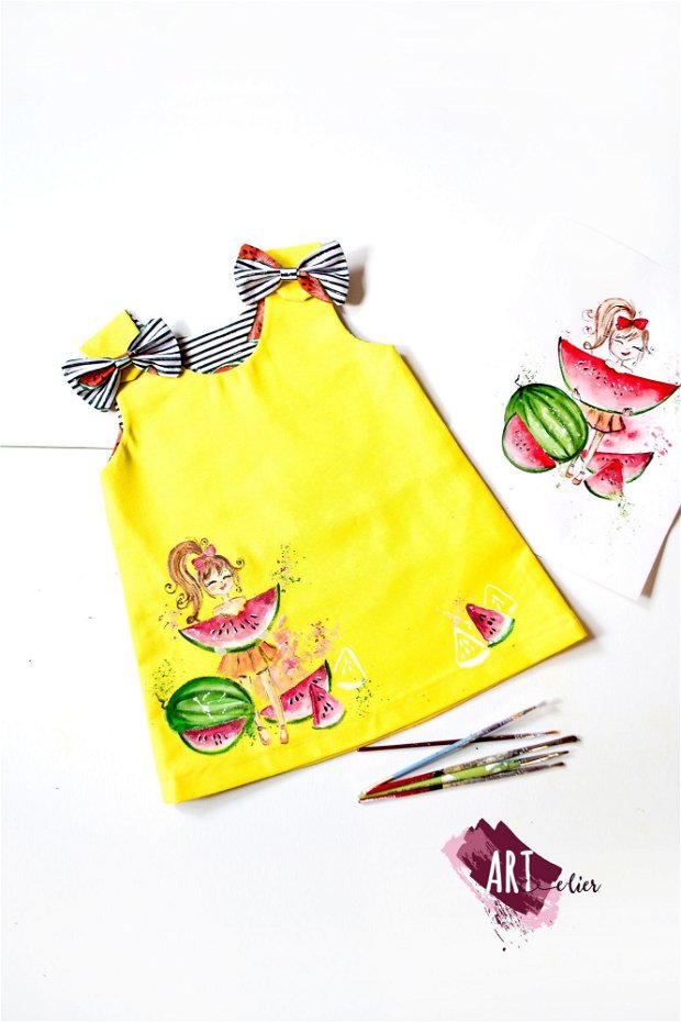 Sarafan copii, pictat manual, culoare galben cu pepene rosu