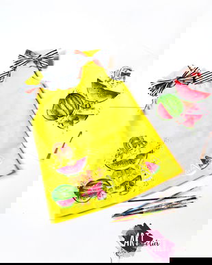 Set CADOU sarafan copii, pictat manual, culoare galben solar cu pepene rosu + tablou print in rama 35x35 cm