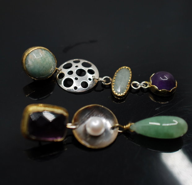 Cercei asimetrici din argint, ametist, aquamarin fatetat, perla de cultura, amazonit si aventurin, cercei lungi argint, cercei statement, cercei handmade