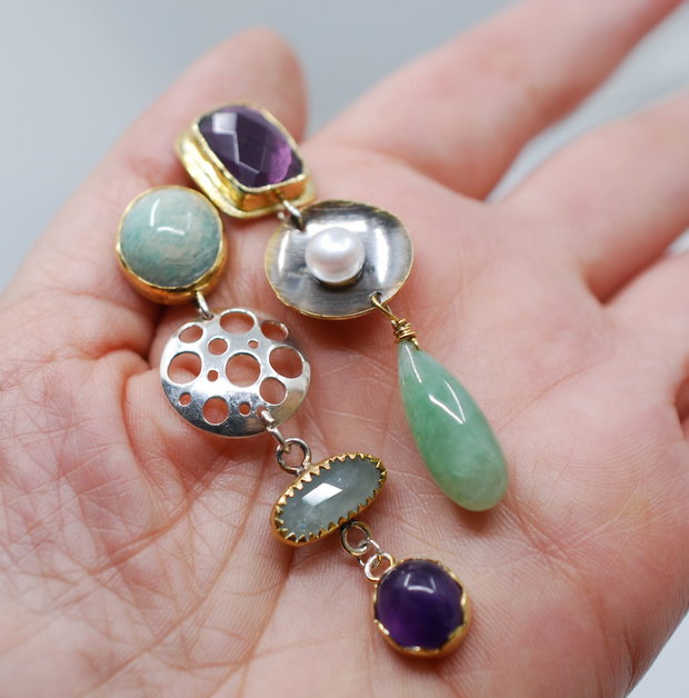 Cercei asimetrici din argint, ametist, aquamarin fatetat, perla de cultura, amazonit si aventurin, cercei lungi argint, cercei statement, cercei handmade