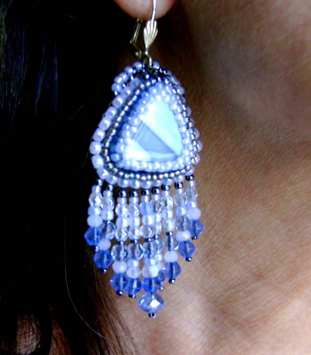 Set Blue Opal natural, 4 pietre, pandantiv dublu si cercei candelabru , Ag.925, pietre semipretioase de opal bleuinclusi