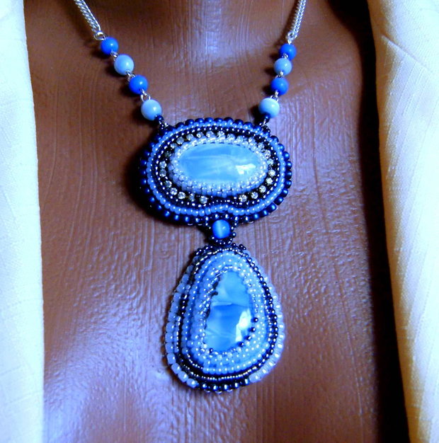 Set Blue Opal natural, 4 pietre, pandantiv dublu si cercei candelabru , Ag.925, pietre semipretioase de opal bleuinclusi