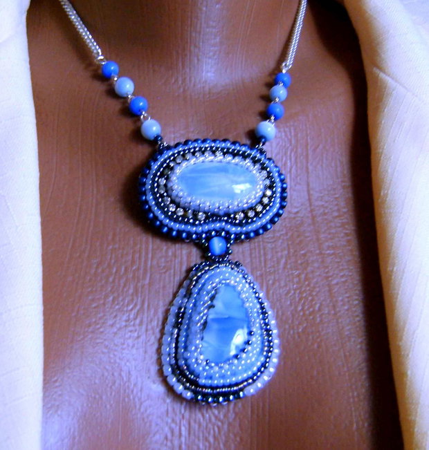 Set Blue Opal natural, 4 pietre, pandantiv dublu si cercei candelabru , Ag.925, pietre semipretioase de opal bleuinclusi