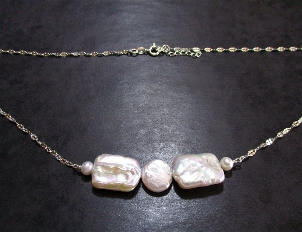 Colier argint si fundita din perle de cultura alb argintii rozii