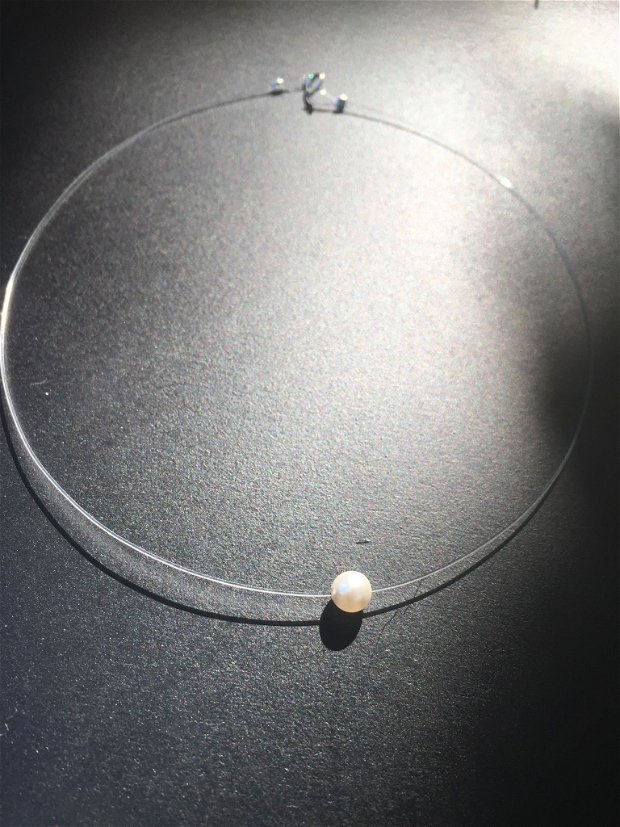 Colier fir transparent perla Swarovski / Colier transparent perla / Lănțișor cu fir transparent Perla