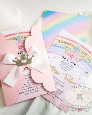 Invitatie unicorn coperta roz
