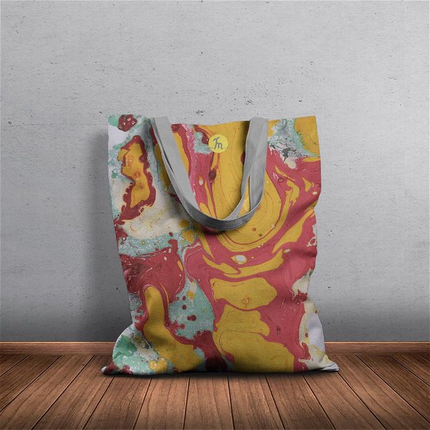 Geanta Handmade Tote Bag Basic Original Mulewear, Abstract Rosu Portocaliu RedRange Metamorphosis, Multicolor, 43x37 cm
