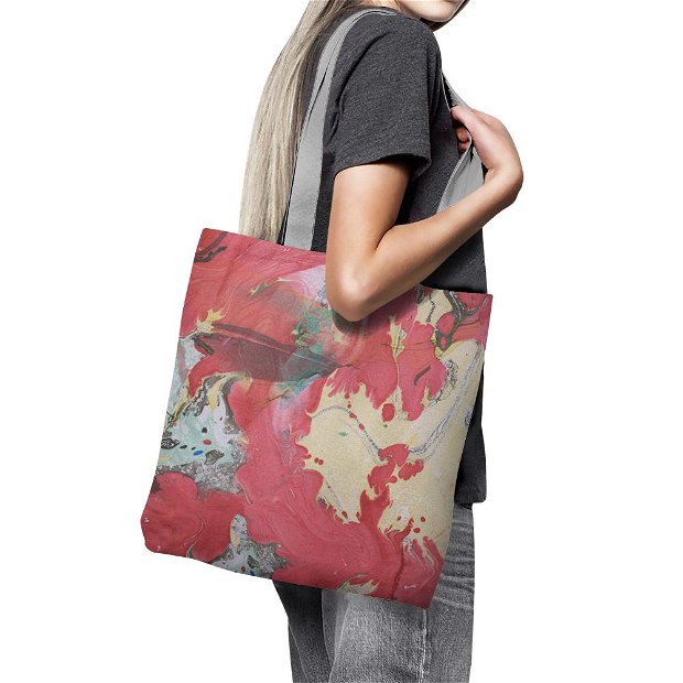 Geanta Handmade Tote Bag Basic Original Mulewear, Abstract Rosu Red Alert, Multicolor, 43x37 cm