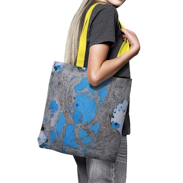 Geanta Handmade Tote Bag Basic Original Mulewear, Abstract Albastru si Negru Earth from Space, Multicolor, 43x37 cm