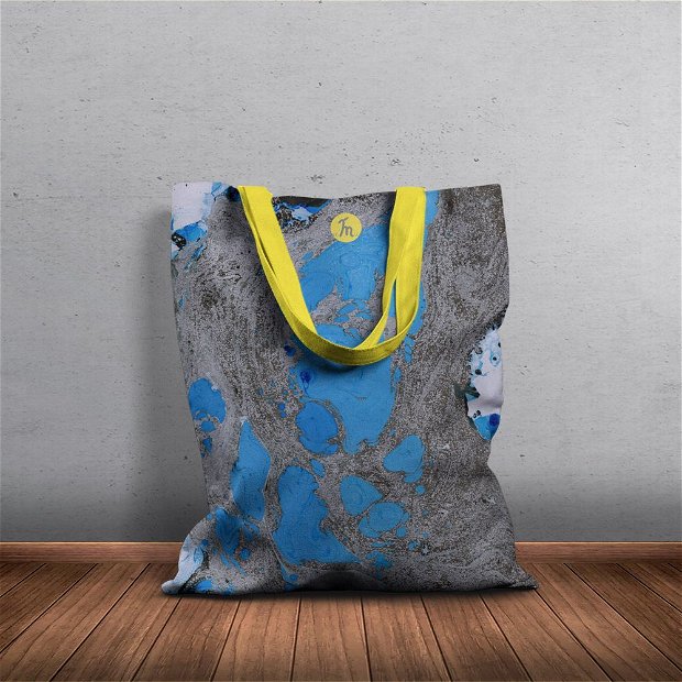 Geanta Handmade Tote Bag Basic Original Mulewear, Abstract Albastru si Negru Earth from Space, Multicolor, 43x37 cm