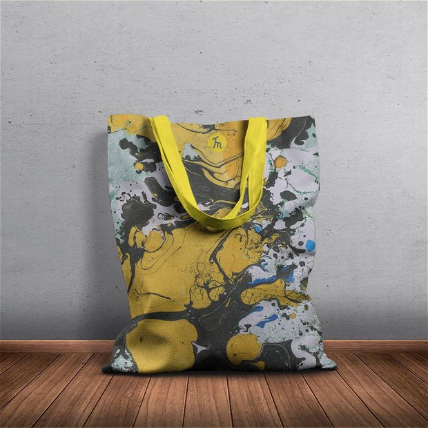 Geanta Handmade Tote Bag Basic Original Mulewear, Abstract Fum Galben Smokey Yellow, Multicolor, 43x37 cm
