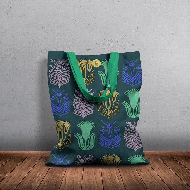 Geanta Handmade Tote Bag Basic Original Mulewear, Botanic Flori de pe Marte Flowers from Mars, Multicolor, 43x37 cm