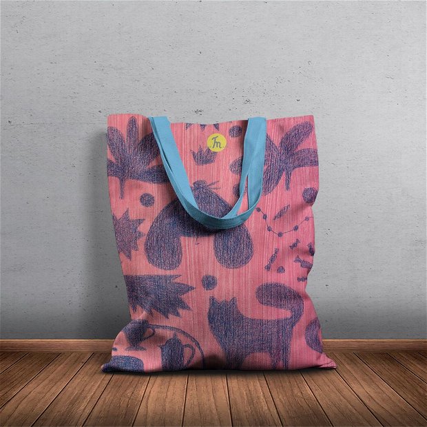 Geanta Handmade Tote Bag Basic Original Mulewear, Botanic Fluturi Catei si Plante Love & Butterflies, Multicolor, 43x37 cm