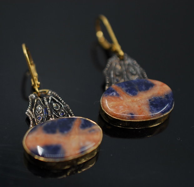 Cercei din argint si sodalit, placati selectiv cu aur, cercei lungi argint, cercei statement, cercei handmade