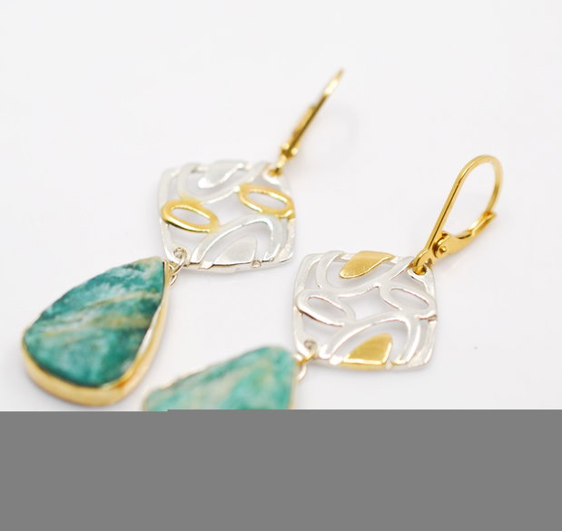 Cercei din argint si amazonit brut, placati selectiv cu aur, cercei lungi argint, cercei statement, cercei handmade