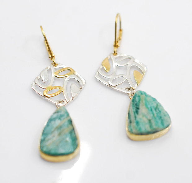 Cercei din argint si amazonit brut, placati selectiv cu aur, cercei lungi argint, cercei statement, cercei handmade