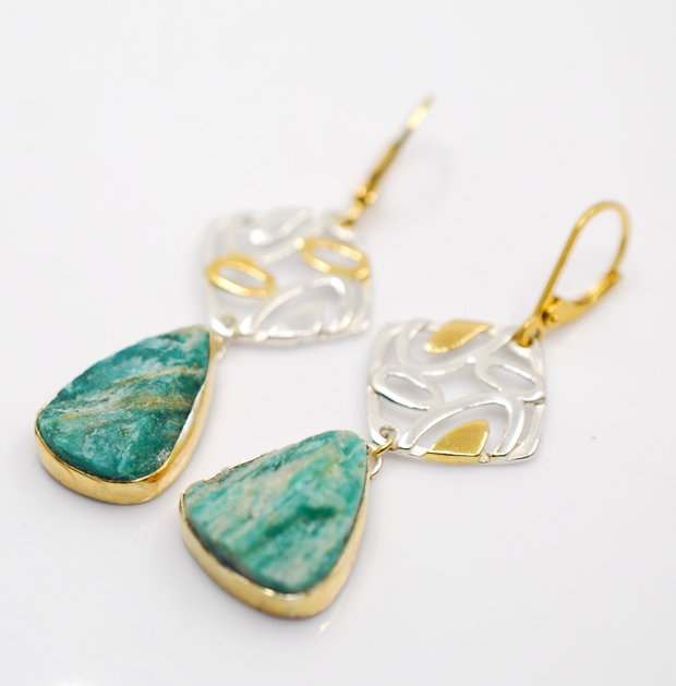 Cercei din argint si amazonit brut, placati selectiv cu aur, cercei lungi argint, cercei statement, cercei handmade