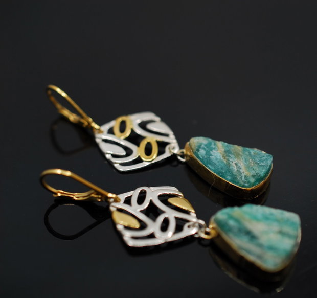Cercei din argint si amazonit brut, placati selectiv cu aur, cercei lungi argint, cercei statement, cercei handmade