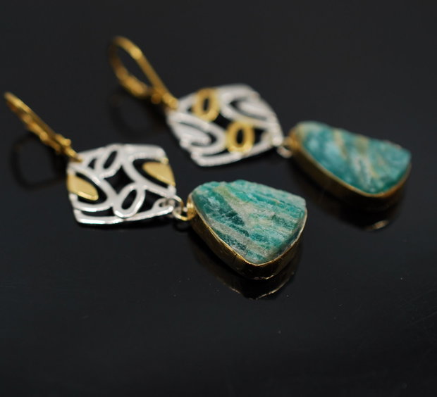 Cercei din argint si amazonit brut, placati selectiv cu aur, cercei lungi argint, cercei statement, cercei handmade