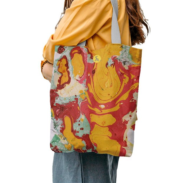 Geanta Handmade Tote Bag Liner Captusit Mulewear, Abstract Rosu Portocaliu RedRange Metamorphosis, Multicolor, 45x37 cm
