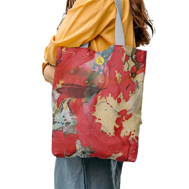 Geanta Handmade Tote Bag Liner Captusit Mulewear, Abstract Rosu Red Alert, Multicolor, 45x37 cm