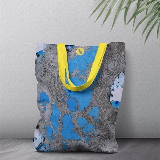 Geanta Handmade Tote Bag Liner Captusit Mulewear, Abstract Albastru si Negru Earth from Space, Multicolor, 45x37 cm