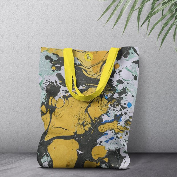 Geanta Handmade Tote Bag Liner Captusit Mulewear, Abstract Fum Galben Smokey Yellow, Multicolor, 45x37 cm