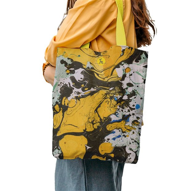 Geanta Handmade Tote Bag Liner Captusit Mulewear, Abstract Fum Galben Smokey Yellow, Multicolor, 45x37 cm