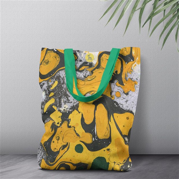 Geanta Handmade Tote Bag Liner Captusit Mulewear, Abstract Cer Instelat Starry Yellow Sky, Multicolor, 45x37 cm