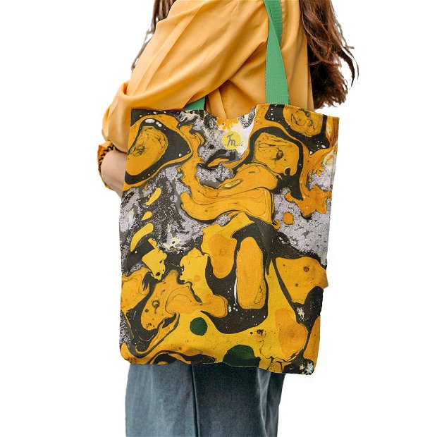 Geanta Handmade Tote Bag Liner Captusit Mulewear, Abstract Cer Instelat Starry Yellow Sky, Multicolor, 45x37 cm