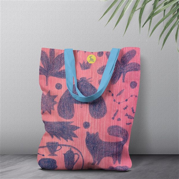Geanta Handmade Tote Bag Liner Captusit Mulewear, Botanic Fluturi Catei si Plante Love & Butterflies, Multicolor, 45x37 cm