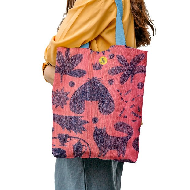 Geanta Handmade Tote Bag Liner Captusit Mulewear, Botanic Fluturi Catei si Plante Love & Butterflies, Multicolor, 45x37 cm
