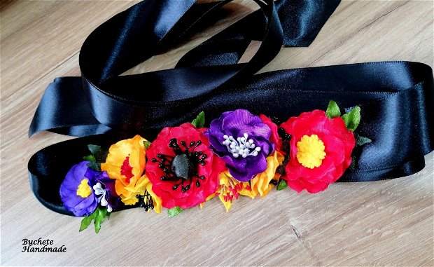 Brau cu flori textile/Cordon cu flori colorate/Curea de dama