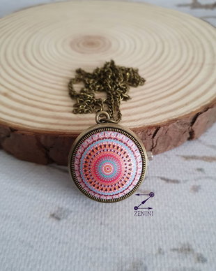Colier mandala roz, ceas mandala, medalion mandala roz, medalion ceas functional, ceas de pus la gat, ceas de buzunar, medalion ceas mandala, colier cu ceas, ceas mandala roz
