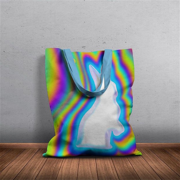 Geanta Handmade Tote Basic, Mulewear, Abstract Iepurasul Alb Psihedelic Psychedelic White Bunny, Multicolor, 43x37 cm