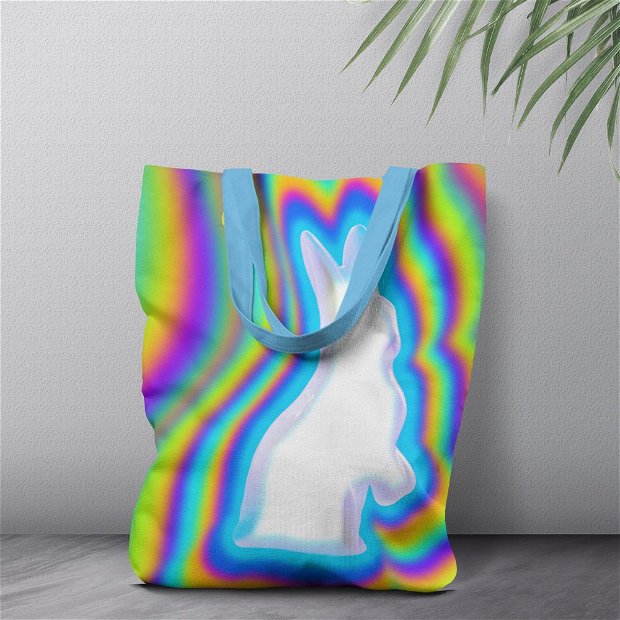 Geanta Handmade Tote Liner Captusit, Mulewear, Abstract Iepurasul Alb Psihedelic Psychedelic White Bunny, Multicolor, 45x37 cm