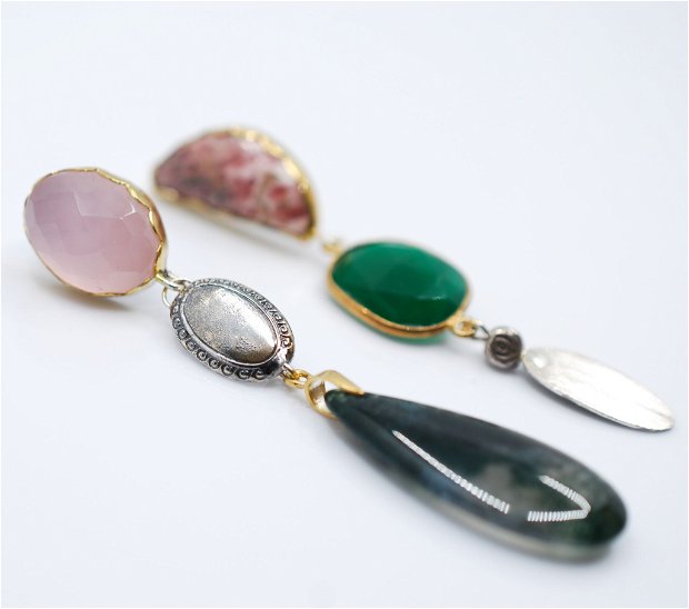 Cercei asimetrici din argint, jasp, cuart roz,  agata verde si agata muschi, cercei lungi argint, cercei statement, cercei handmade