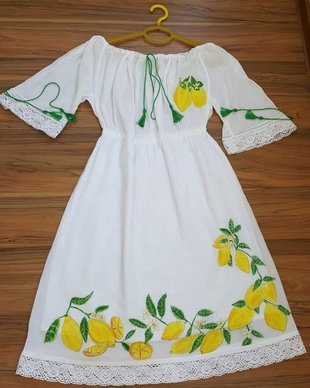 Rochie din panza topita, pictata manual cu lămâi
