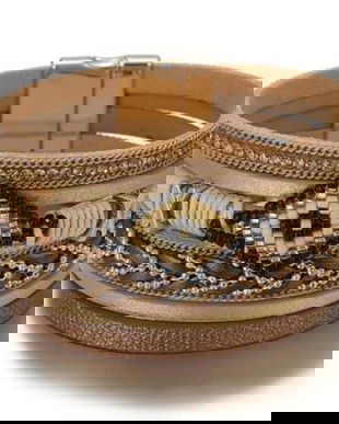 K1116 - Bratara piele ecologica, nisipiu, model tribal, impletita, margele de nisip, fir de bumbac