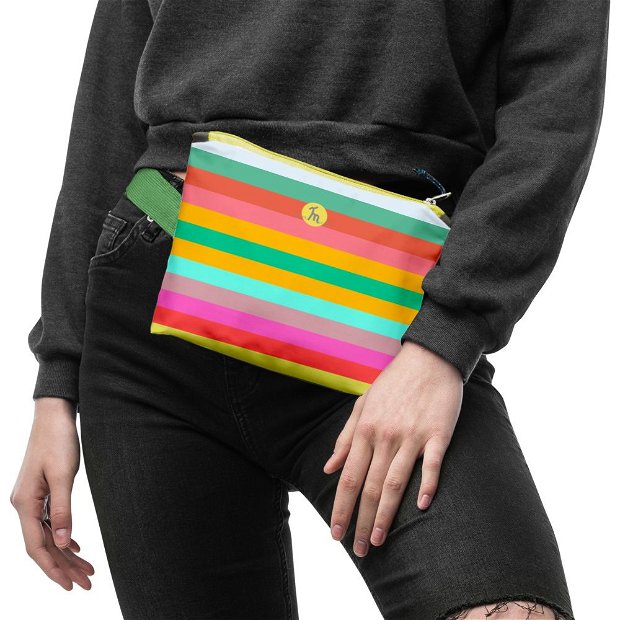 Borseta Handmade Fanny Pack, Mulewear, Abstract Dungi Orizontale Colorate, Multicolor, 22x19 cm