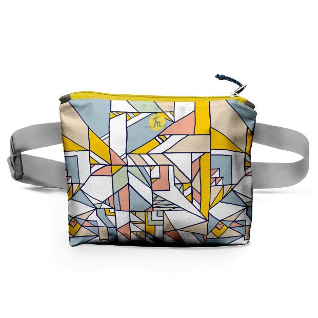 Borseta Handmade Fanny Pack, Mulewear, Geometric Abstract Patrate Culori Calme, Multicolor, 22x19 cm