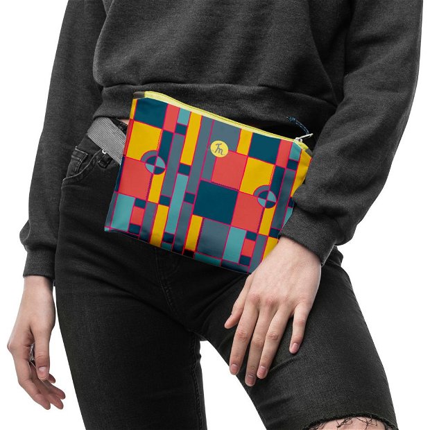 Borseta Handmade Fanny Pack, Mulewear, Geometric Abstract Desen Color Copii, Multicolor, 22x19 cm