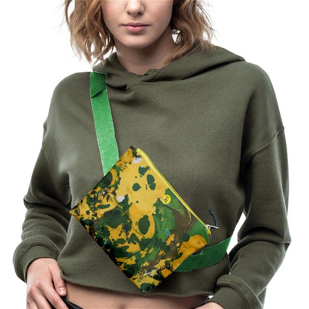 Borseta Handmade Fanny Pack, Mulewear, Abstract Padure Tropicala Verde, Multicolor, 22x19 cm