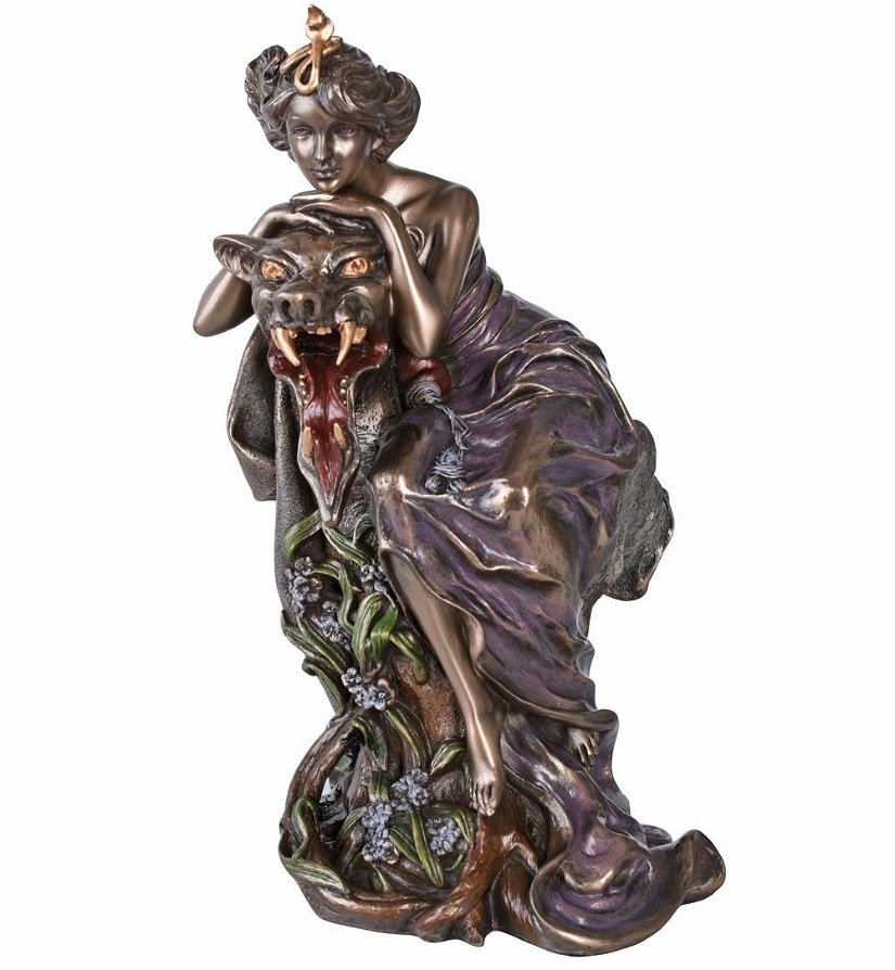 Statueta Art Nouveau cu o femeie cu o bestie