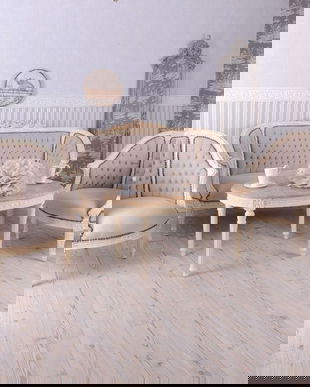 Set baroc din lemn alb cu tapiterie bej